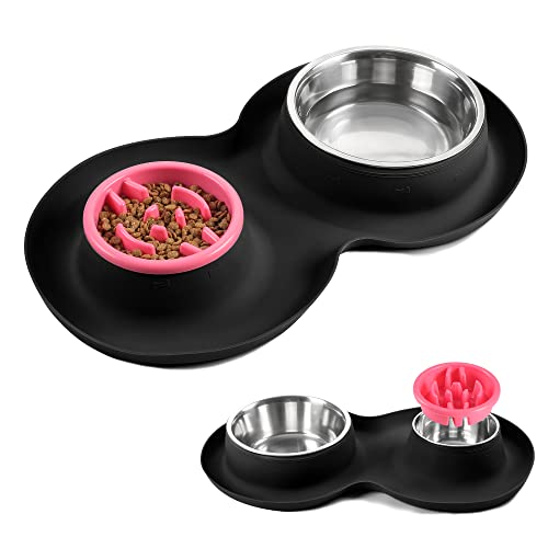 Yacee Pet Dog Bowls2 Hundenapf aus Edelstahl (1.5 l + 765 ml) mit 3 cm kein Verschütten, rutschfeste Silikonmatte + langsames Füttern von Hunden, Katzen, Puppen ies (Schwarz) von Yacee