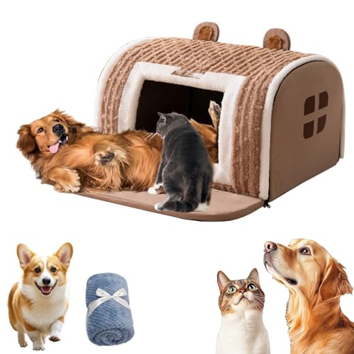 Furryhut-Hundebett, Furry Hut-Hundebett, abnehmbares Kissen, halbgeschlossenes Hundehaus für drinnen, superweiches Katzenbett mit Rutschfester Unterseite, für kleine Hunde (B, L) von Yagerod