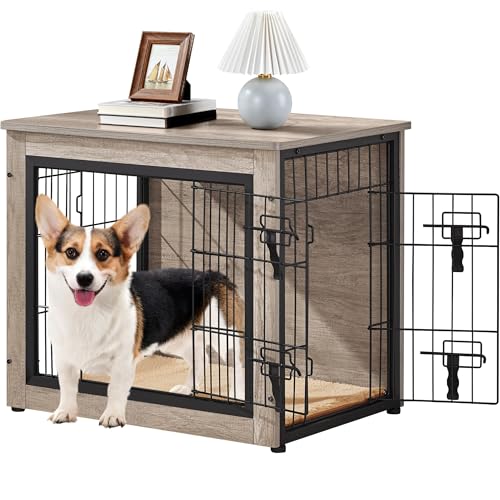 Yaheetech Hundekäfig Möbel mit Hundedecke & 2 Türen, Hundebox für Zuhause, Moderne Hundehütte Indoor, Hundebox Holz für Wohnzimmer, 69x51x61 cm, Grau von Yaheetech