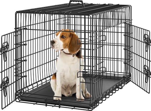 Yaheetech Hundekäfig 90 x 56 x 63 cm klappbar mit Trennwand, 2 Türen, Hundebox für zuhause mit ausziehbare Bodenschale, Transportkäfig Auto, Hundetransportbox Drahtkäfig für Hunde Welpe, L, Schwarz von Yaheetech