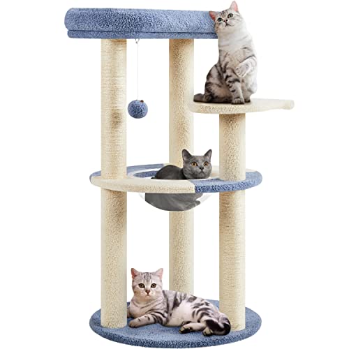 Yaheetech Kratzbaum, Modern Design Katzenbaum Katzenkratzbaum, mit Plattform Raumkapsel Sisalstämme, Stabiler Kletterbaum für Katzen, Blau/Beige von Yaheetech