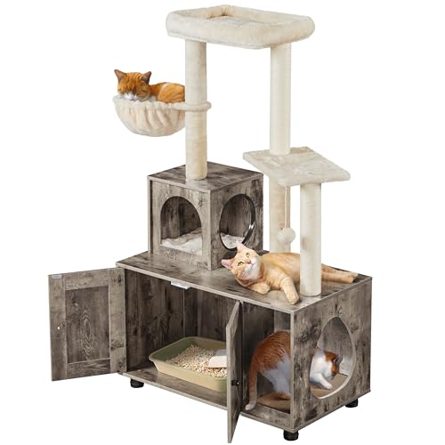 Yaheetech Katzenbaum mit Katzenklo Schrank, 134,5 cm hoch, All-in-One Kratzbaum mit Höhle Plattform Liegemulde, Katzenschrank für Katzentoilette, Greige-Beige von Yaheetech