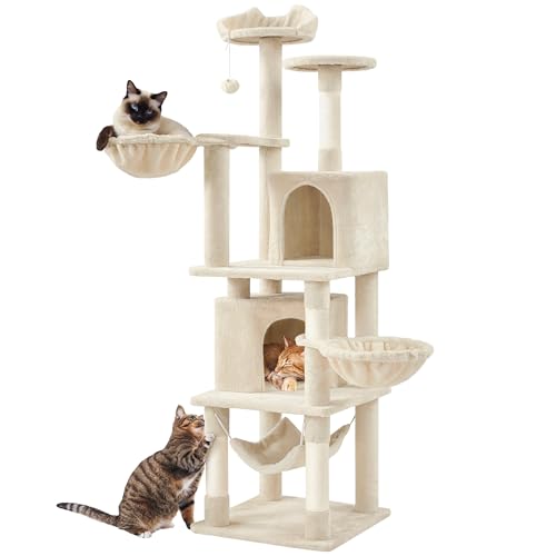 Yaheetech Katzenkratzbaum 175 cm deckenhoch Kratzbaum für Katzen, Stabil Kletterbaum mit Sisal-Kratzsäulen Plattformen Korb Hängematte Plüschball, Beige von Yaheetech