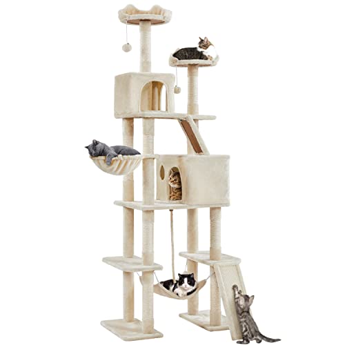 Yaheetech Katzenkratzbaum 206 cm deckenhoch, XXL groß Katzenbaum, Stabiler Kletterbaum Kratzbaum für Katzen mit Sisalseil Korb Hängematte, Beige von Yaheetech