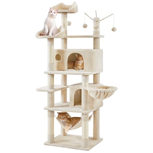 Yaheetech Kratzbaum 170 cm Katzenbaum XL Stabiler Katzenkratzbaum Kletterbaum für Katzen, mit Aussichtsplattform Katzenhöhlen Hängematte Liegemulde Plüschbälle, Beige von Yaheetech