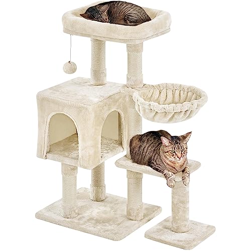 Yaheetech Kratzbaum 96 cm hoch Katzenbaum Kletterbaum für Katzen, mit Sisal Plüsch Katzenhöhle und Korb, Beige von Yaheetech