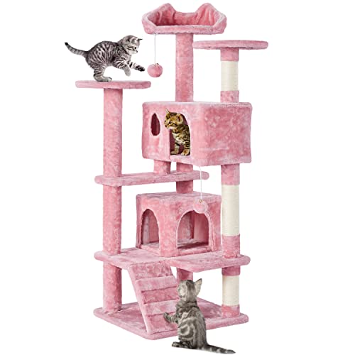 Yaheetech Kratzbaum Stabiler Katzenbaum Katzenkratzbaum Katzenmöbel, Kletterbaum für Katzen Höhe 137 cm, Rosa von Yaheetech