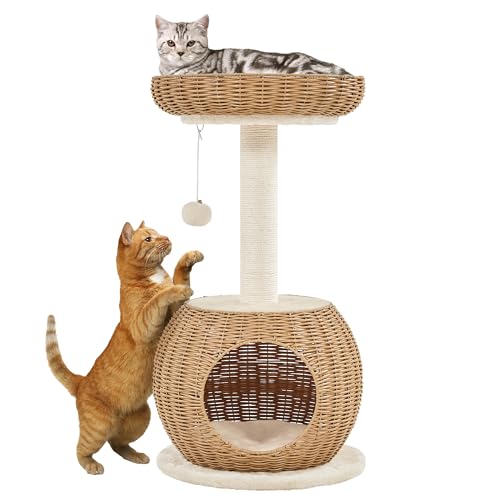 Yaheetech Kratzbaum Rattan Kletterbaum für große Katze, Stabiler Katzenkratzbaum mit Katzenhöhle Plüschball Katzenkorb Sisal Katzenmöbel 75 cm Beige von Yaheetech