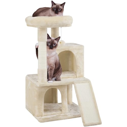 Yaheetech Kratzbaum, Stabiler Katzenbaum 91 cm Katzenkratzbaum, mit 2 Häuschen Sisal und Spielball, Spielbaum für Katzen, Beige von Yaheetech