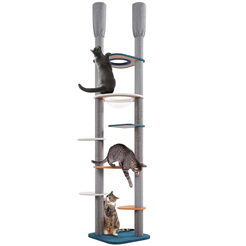 Yaheetech Katzenbaum deckenhoch XXL 241cm-262cm höhenverstellbar, Stabiler Kratzbaum Kletterbaum für Katzen, doppelt Pfosten mit 6 Sisalstämme 6 Plattformen Raumkapsel, Grau Blau Orange von Yaheetech