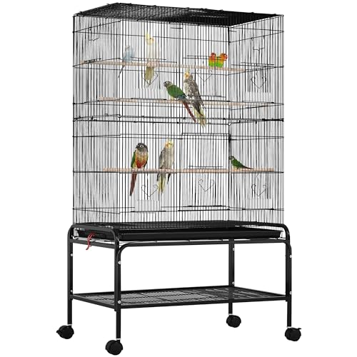 Yaheetech Vogelkäfig groß, 79 × 49 × 134,5 cm, Vogelvoliere mit 3 Sitzstangen, Papageienkäfig mit 6 Türen, Käfig für Wellensittich, 4 Futternapf, Schmutzwanneneinsatz, Schwarz von Yaheetech