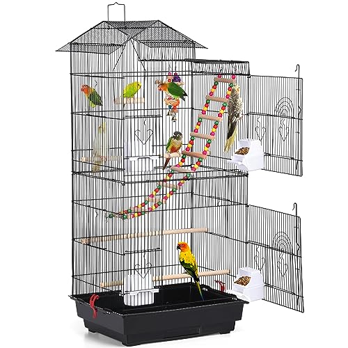 Yaheetech Vogelkäfig mit Vogelspielzeuge, Wellensittichkäfig Käfigspielzeug Nymphensittiche Fink-Papageien-Käfig mit Vogeltreppe, 99x46x35,5 cm, Schwarz von Yaheetech