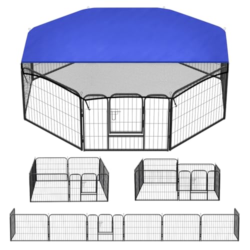 Yakimz Welpenlaufstall 8-teilig, Welpenauslauf 60cm hoch mit Tür und Schutzplane, Hundelaufstall Flexibel und Faltbar, Welpenzaun für Hunde, Hasen & Kleintiere von Yakimz