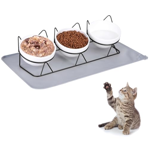 Yamitora Katzennapf 3er Set,Katzen Futternapf Erhöht Keramik Einzeln mit Unterlage Hunde Erhöhter Katzenschale Fressnapf Katze Porzellan Futter und Wasserspender Katzen Napfset Edelstahl(Schwarz) von Yamitora