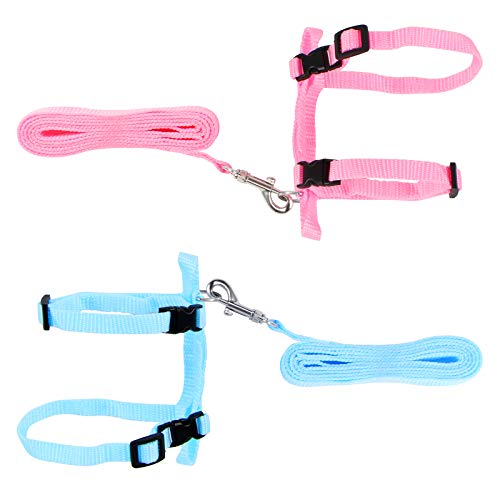 2 Stück Hasengeschirr, Verstellbares Kaninchengeschirr Weiches Kaninchengeschirr mit Elastischer Leine Atmungsfähiges Gehgeschirr Set(Blau Pink) von Yangfei