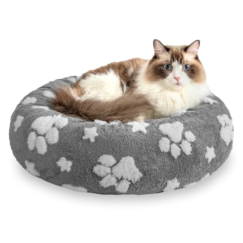 Yaning Donut-Hundebett für kleine Hunde, beruhigendes, rundes Katzenbett für Hauskatzen, niedliches 3D-Struktur-Poten-Haustierbett mit abnehmbarem, waschbarem Bezug und rutschfester Unterseite, Grau, von Yaning