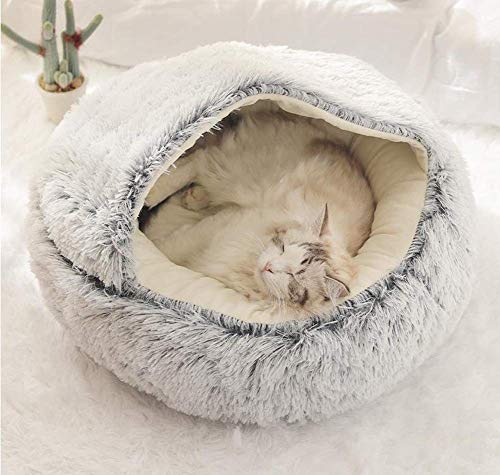 Flauschiges weiches Katzenbett, Rundes Katzensofa, Komfortable Höhle mit Kapuze Katzenbett, Warmes Haustiernest Welpenschlafkissen, Winter Warm Plüsch Kätzchenbett, Waschbar von Yanman