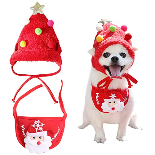 Haustier Weihnachtsmütze mit Bandana Kleine Mittlere Hund Xmas Kostüm Katze Weihnachtsmann Mütze Schal Set Weihnachtsoutfit für Hund Katze Kaninchen Kleintiere (Klein, Rot) von Yanmucy