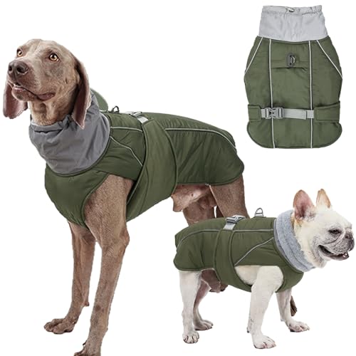 Hundemantel Wasserdicht Rollkragen Winterhundekleidung Verdickte Hund Warme Hundejacke mit Geschirr Loch Reflektierende Mäntel Jacken Weste Mantel für kleine mittlere große Hunde (Armeegrün, 2XL) von Yanmucy