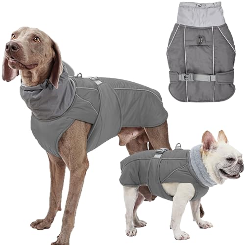 Hundemantel Wasserdicht Rollkragen Winterhundekleidung Verdickte Hund Warme Hundejacke mit Geschirr Loch Reflektierende Mäntel Jacken Weste Mantel für kleine mittlere große Hunde (Grau, L) von Yanmucy