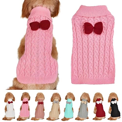 Hundepullover Weste Hund Rollkragenpullover Schleife Stricken Kleine Hundepullover Warme Hunde Winterkleidung Pullover Hundemantel Weihnachtskostüm für Hunde Katzen (Rosa, L) von Yanmucy