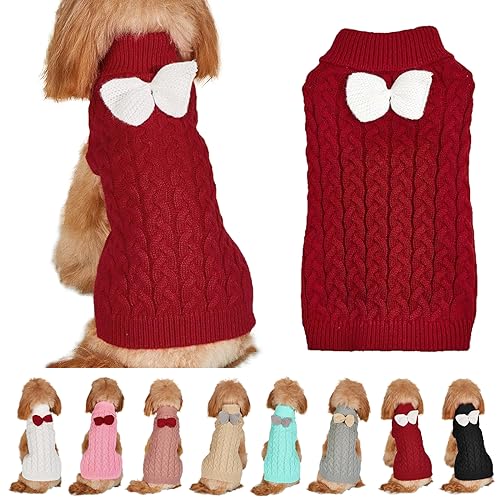 Hundepullover Weste Hund Rollkragenpullover Schleife Stricken Kleine Hundepullover Warme Hunde Winterkleidung Pullover Hundemantel Weihnachtskostüm für Hunde Katzen (Rot, XL) von Yanmucy