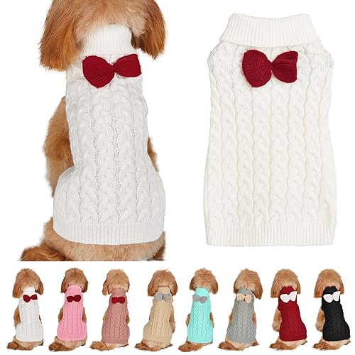 Hundepullover Weste Hund Rollkragenpullover Schleife Stricken Kleine Hundepullover Warme Hunde Winterkleidung Pullover Hundemantel Weihnachtskostüm für Hunde Katzen (Weiß, L) von Yanmucy