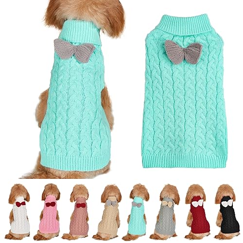 Hundepullover Weste Hund Rollkragenpullover Schleife Stricken Kleine Hundepullover Warme Hunde Winterkleidung Pullover Hundemantel Weihnachtskostüm für Hunde Katzen (blau, L) von Yanmucy