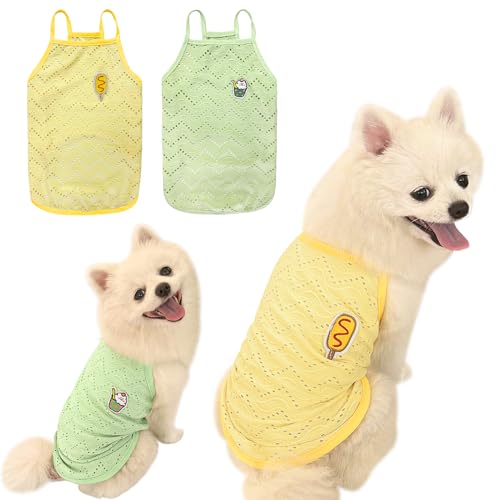 Yanmucy 2 Stück Hunde-Sommerkleidung, niedliche Stickerei, gestreift, Tank-Top, Weste, atmungsaktiv, ärmelloses Shirt für kleine Hunde und Katzen, Gelb + Grün, Größe L von Yanmucy