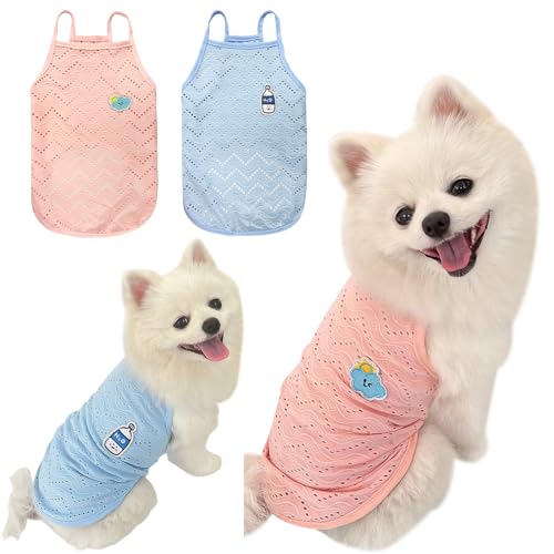 Yanmucy 2 Stück Hunde-Sommerkleidung, niedliche Stickerei, gestreift, Tank-Top, Weste, atmungsaktiv, ärmelloses Shirt für kleine Hunde und Katzen (Rosa + Blau, Größe L) von Yanmucy