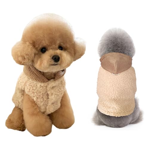 Yanmucy Hundepullover für kleine Hunde, warmer Hunde-Kapuzenpullover mit Loch für die Leine, Winter-Fleece-Jacken, Weste für Chihuahua, Teetasse, Yorkie, Katze, Größe L, Kaffeebraun von Yanmucy