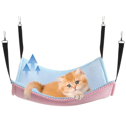 Yanmucy Katzen Hängematten Bett atmungsaktives Netzgewebe für den Sommer zweilagig Haustierkäfig Hängebett für Katzen Kätzchen Kaninchen 53 x 35 cm (Rosa + Blau) von Yanmucy