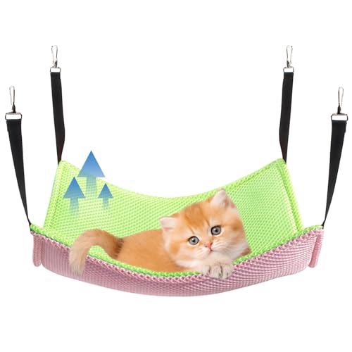 Yanmucy Katzen Hängematten Bett atmungsaktives Netzgewebe für den Sommer zweilagig Haustierkäfig Hängebett für Katzen Kätzchen Kaninchen 53 x 35 cm (Rosa + Grün) von Yanmucy