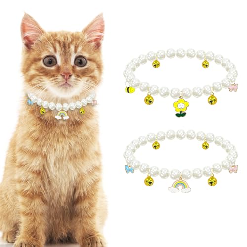 Yanmucy Katzenhalsband mit Glocke Perle Haustier Katzen Hund Halskette Halsband Zubehör Halskette Schmuck für Kätzchen Kleine Haustiere Hochzeit Party Kostüm Outfits (Blume + Regenbogen) von Yanmucy