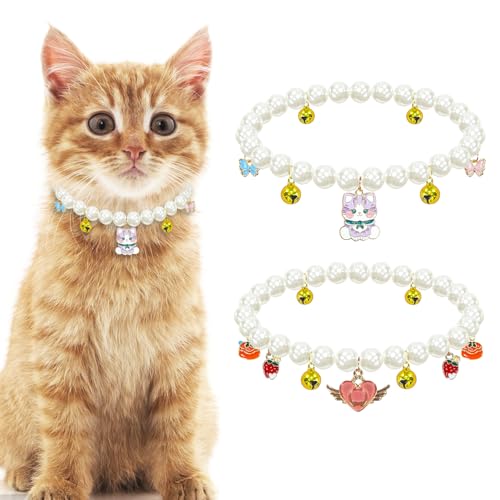 Yanmucy Katzenhalsband mit Glocke Perle Haustier Katzen Hund Halskette Halsband Zubehör Halskette Schmuck für Kätzchen Kleine Haustiere Hochzeit Party Kostüm Outfits (Katze + Herz) von Yanmucy