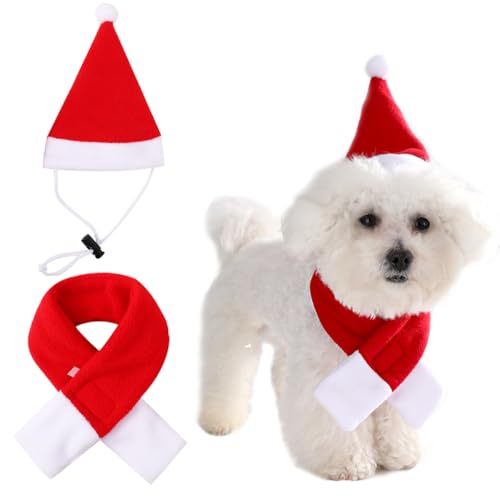 Yanmucy Weihnachtsmütze für Hunde, Schal, niedliche kleine Hunde und Katzen, Beanie-Mütze, verstellbar, Weihnachtsmannmütze, Weihnachts-Kostüm, Outfit-Set für Party, Foto-Requisiten, Größe L, 2 Stück von Yanmucy