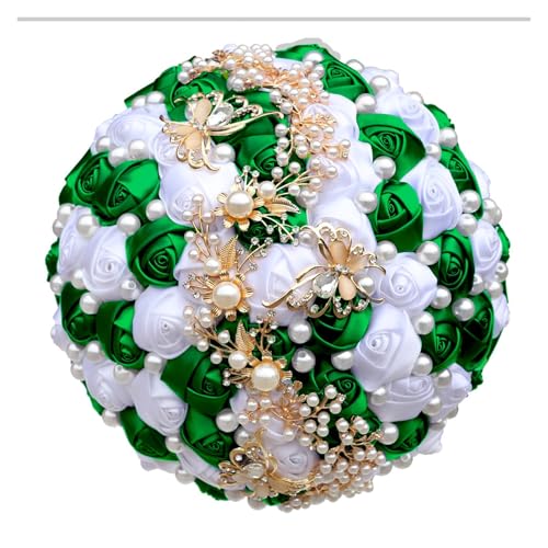 Yanonug Handmade Bride Holding Bouquet Ribbon Rose Bouquet Pearl Butterfly Diamond Bridesmaid Bouquet Wedding Accessories(Dark Green White 21cm) von Yanonug