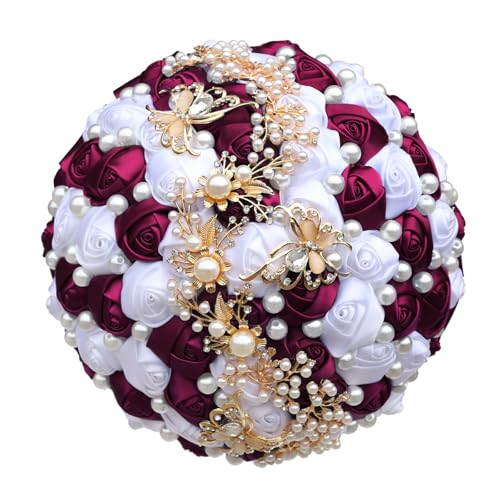 Yanonug Handmade Bride Holding Bouquet Ribbon Rose Bouquet Pearl Butterfly Diamond Bridesmaid Bouquet Wedding Accessories(Dark Purple red White 21cm) von Yanonug