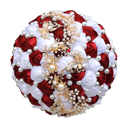 Yanonug Handmade Bride Holding Bouquet Ribbon Rose Bouquet Pearl Butterfly Diamond Bridesmaid Bouquet Wedding Accessories(Dark red White 21cm) von Yanonug