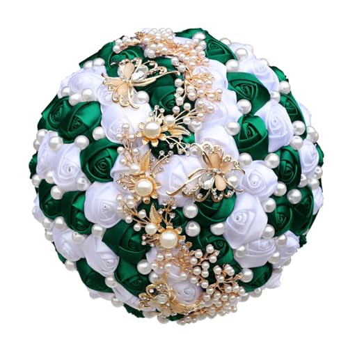 Yanonug Handmade Bride Holding Bouquet Ribbon Rose Bouquet Pearl Butterfly Diamond Bridesmaid Bouquet Wedding Accessories(Green White1 21cm) von Yanonug