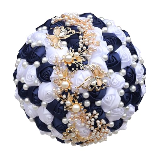 Yanonug Handmade Bride Holding Bouquet Ribbon Rose Bouquet Pearl Butterfly Diamond Bridesmaid Bouquet Wedding Accessories(Navy Blue White 21cm) von Yanonug