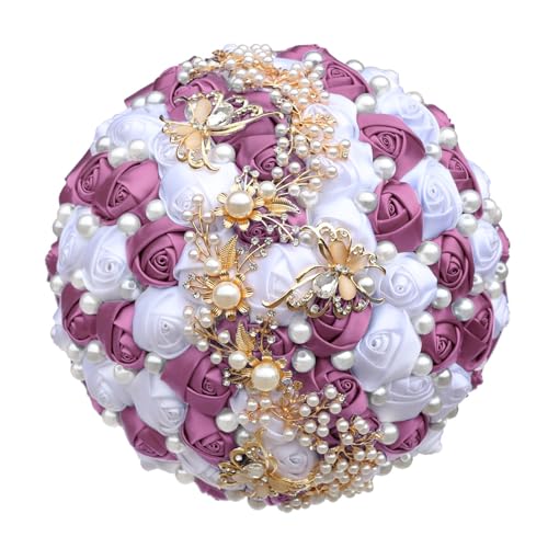 Yanonug Handmade Bride Holding Bouquet Ribbon Rose Bouquet Pearl Butterfly Diamond Bridesmaid Bouquet Wedding Accessories(Purple+white1) von Yanonug