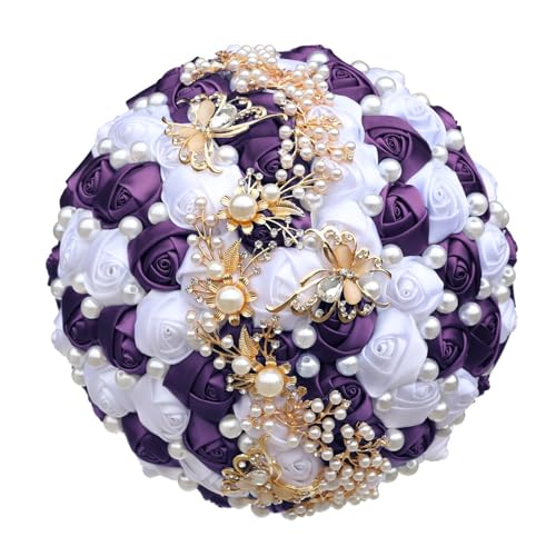 Yanonug Handmade Bride Holding Bouquet Ribbon Rose Bouquet Pearl Butterfly Diamond Bridesmaid Bouquet Wedding Accessories(Purple1 White 21cm) von Yanonug