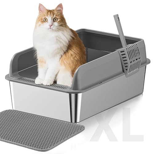 Katzentoilette aus Edelstahl mit Deckel, 60 x 30 x 30 cm, XXL, extra große Metall-Katzentoilette, doppelte Anti-Urinleckage, einfache Reinigung, hohe Seitenklo von Yaofreeland