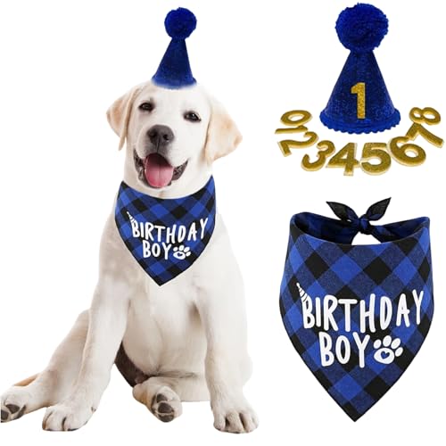 Yaoliucp Hundegeburtstag Outfit, 1 Set Cute Dog Birthday Hut und Hund Bandana-Schal-Set mit Nummer, Hundegeburtstagdekorationen mit Pom-Poms Topper (Blau) von Yaoliucp