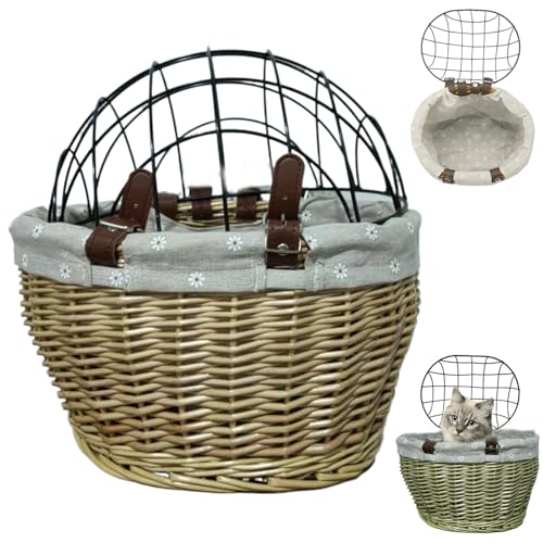 Hundkorb für Fahrradhundradträger mit Drahtgitterabdeckung und atmungsaktivem Frontkorb Pet Wicker Bike Bikeskorb mit Schnallen und weichem Futter für kleine Hundekatzen (Holzfarbe), Fahrradhundträge von Yaoliucp