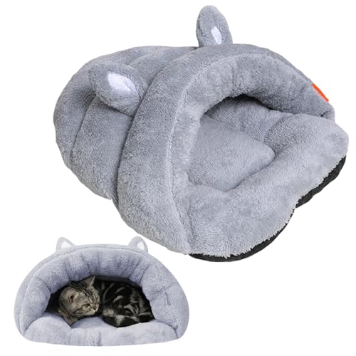 Katze Schlafsack mit Ohren, weiche Erwärmung Plüsch Katze Winterschlafsack für Burrow Nickerchen, verdickte waschbedeckte Katzenbett für kleine/mittlere Katzen Hunde, Grau, M, Katze Schlafsack von Yaoliucp