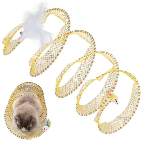 Katzentunnel Faltbare Selbsteinstellung Katzenjagd Spiraltunnel Spielzeug Anti-Biss ＆ Scratch Cat Play-Tunnel mit Ringbell ＆ Mausspielzeug 9,8 '' Dia Interactive Cat Toys für Innenkatzen gelb, Katzen von Yaoliucp