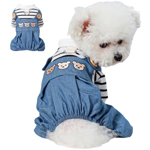 Yaoliucp Hund Jumpsuit Denimstil gestreifter Hundesobton mit Bärenmuster trendy & entzückend Warmer Hund Winterkleidung mit Leinenhaken für Innen- und Außenbereich, für 2-3 kg Hunde, Hund Jumpsuit von Yaoliucp