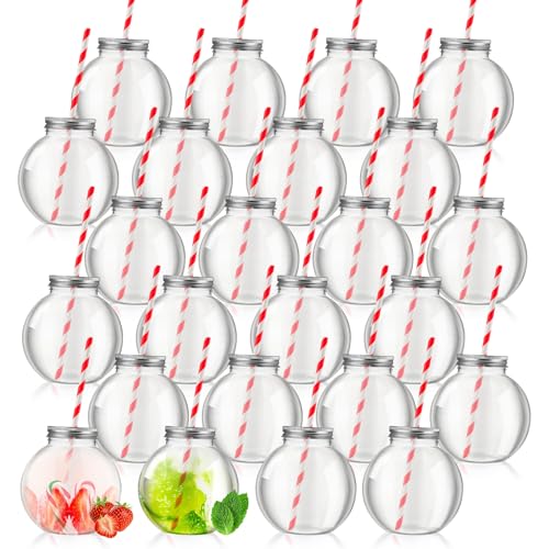 Yaomiao Kunststoff-Fischschale, transparent, 473 ml, kugelförmige Weihnachts-Fischschalen mit Deckel und Strohhalmen, für Karnevalsspiele, Süßigkeiten, Getränke, Karnevalsparty-Dekorationen (24 von Yaomiao